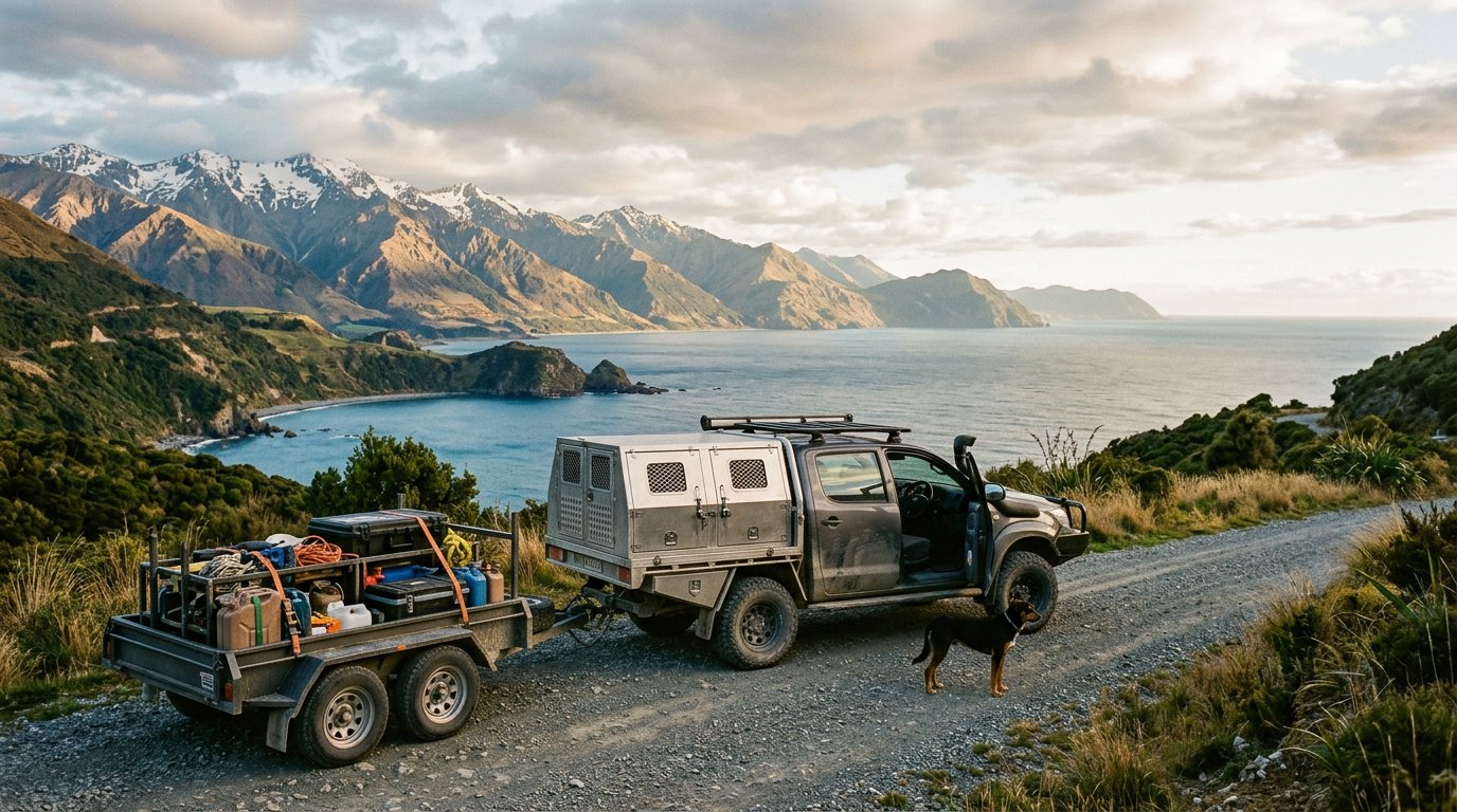 Ute with dog box and trailer in a New Zealand outdoor setting